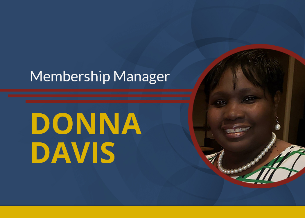 A card that reads "Membership Manage - Donna Davis" accompanied by a headshot. The text and graphic are set on an abstract background.
