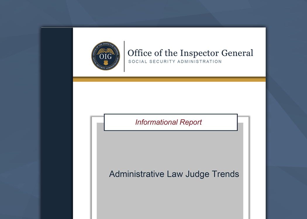 A screen shot of the front of the ALJ report against a blue background with abstract images