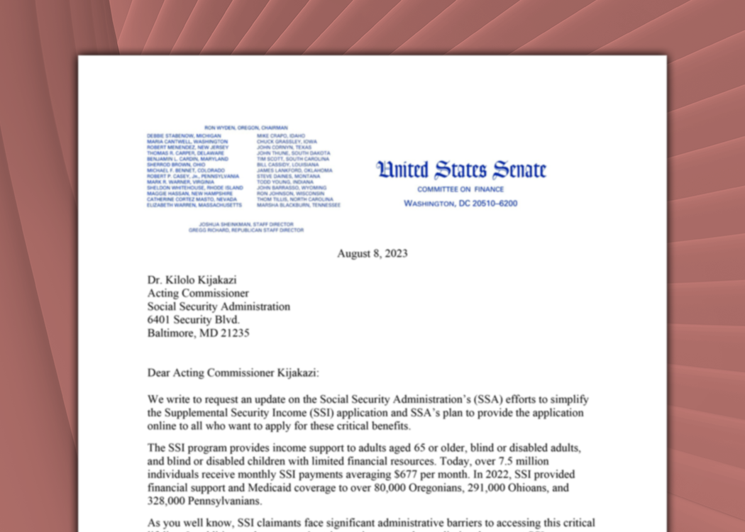 A partial. blurred screenshot of a letter in front of a red, abstract background.